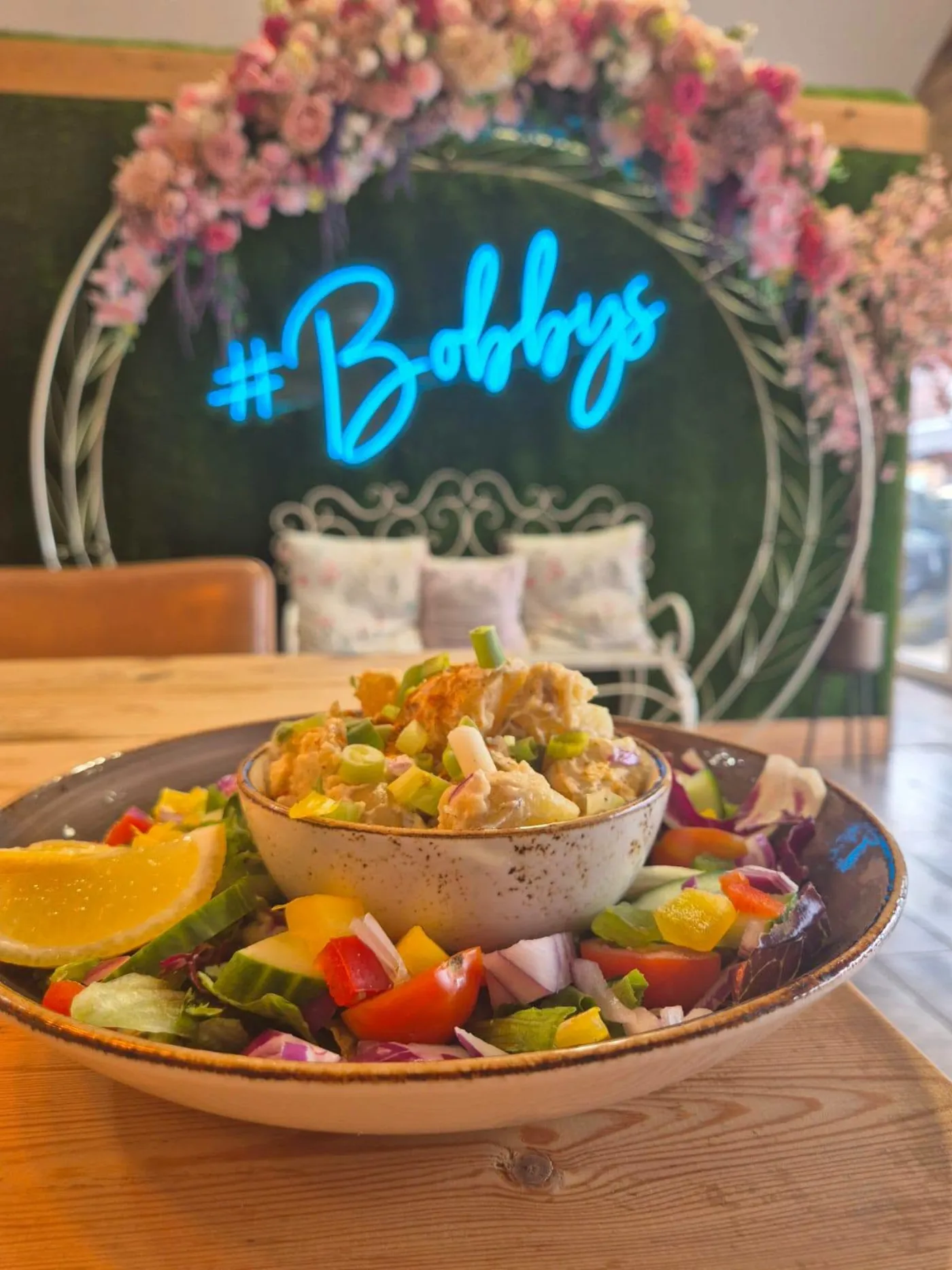 A loaded chicken salad bowl in the tea room